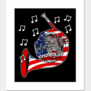 4th July French Horn USA Flag Hornist Musician Posters and Art